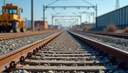 Railway tracks in industrial area under blue sky. Heavy machinery yellow vehicle stands near rails. Gravel, infrastructure, transport. Civil engineering project, logistic. Transportation network