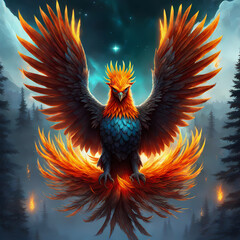 Fiery phoenix just born from ashes, magical charismatic aura, mystery forest background, illustration wallpaper 