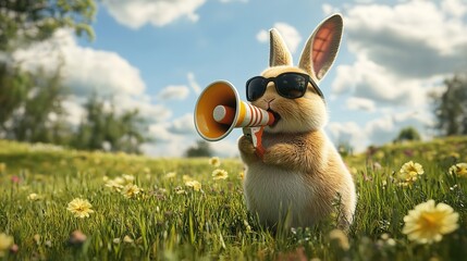 Funny rabbit holding megaphone in garden