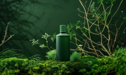 Green natural cosmetic bottle mockup placed on lush moss. Concept of organic skincare and wellness product for health and beauty.