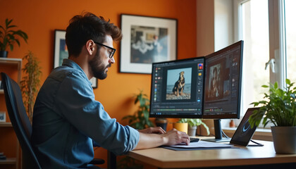 Male graphic designer works at home office on dual monitor setup. Creative pro edits photo, digital artwork on computer. Man focused on work, using keyboard, mouse, tablet. Modern stylish interior