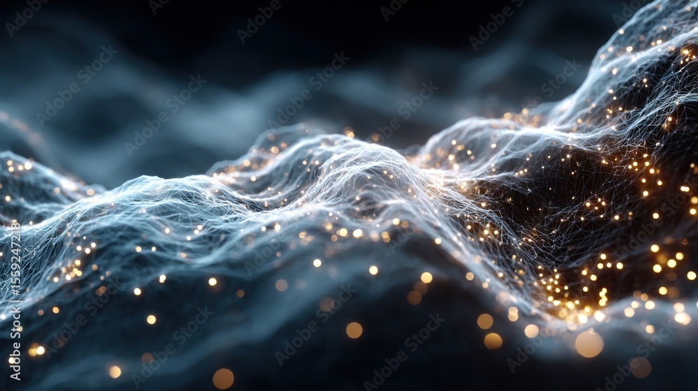 Poster vibrant waves illuminated by glowing particles ripple through a dark digital landscape, evoking a se