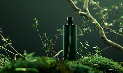 Green perfume bottle mockup, a sleek container, displaying natural essence. Cosmetic product for body care and aromatherapy.