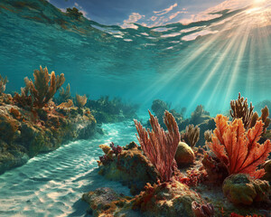 Sunlight penetrates clear ocean water, illuminating vibrant coral reefs and sandy seabed in a serene underwater marine landscape.