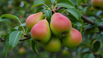 Obraz premium Ripe Pears on a Branch with Green Leaves in an Orchard