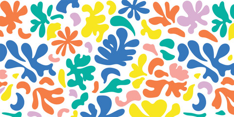 Abstract pattern with colorful organic shapes and leaf-inspired elements in bold flat style. Modern fashion stylish decorative background.