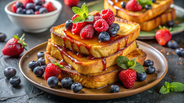 French pain perdu — brioche French toast with berries and maple syrup on a white plate - Powered by Adobe