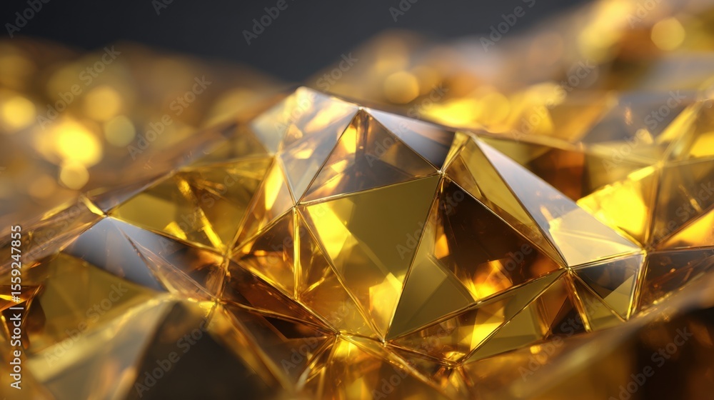 Poster intricately arranged golden crystals capture light, creating a dazzling display of reflections and g