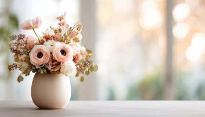 A delicate bouquet of pale pink and white flowers arranged in a simple white vase on a wooden surface with a softly blurred background.