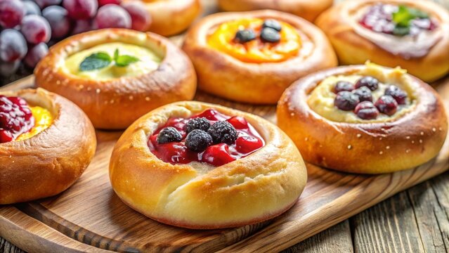 Czech kolache &mdash; yeast pastries filled with fruits or cheese, arranged on a tray with powdered sugar.