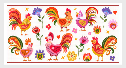 Colorful Polish folk roosters and flowers bright vector illustration in traditional style perfect for prints cards fabric packaging and home decor
