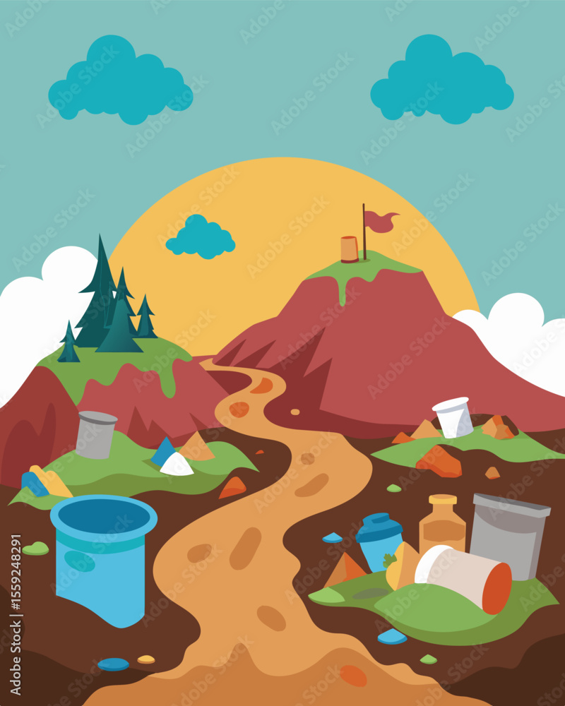 Poster a decaying and neglected landscape with trash spilling out of overflowing landfills and spreading ou