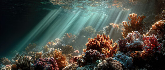 Sunlight beams penetrate clear ocean water, illuminating vibrant coral reefs teeming with diverse marine life.