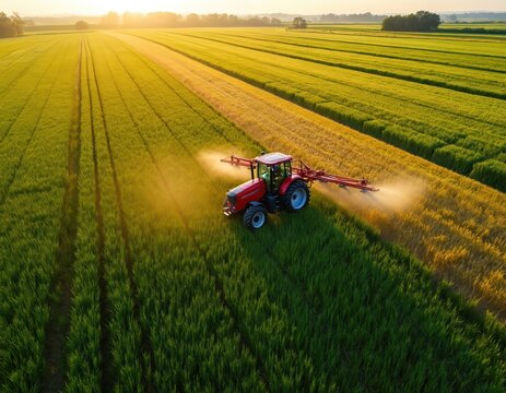 Aerial drone shot of tractor spraying wheat field. Modern agriculture tech, machinery working at rich green farmland, sunny landscape with bright sun. Farming, crop care.