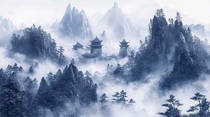 Misty Mountain Landscape: Serene Nature With Fog and Tranquil Scenery