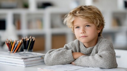 A young boy with a thoughtful expression is seated at a desk, surrounded by pencils and books while tackling homework assignments