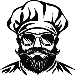Bearded chef with sunglasses and a tall hat shows culinary coolness in black and white