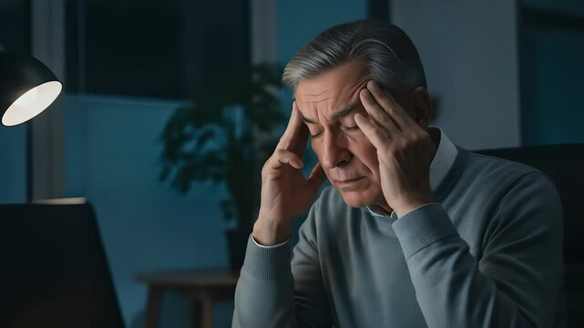 Stressed businessman with headache at his computer late at night. Exhausted entrepreneur touches head, feeling overworked, burnout, anxiety. Mental health, stress management visuals.
