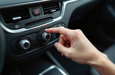 Hand adjusting car climate control dial for optimal interior temperature. Finger turning knob, controlling air conditioning. Auto dashboard detail, ergonomic design, user experience. Car travel,