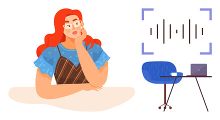 Red-haired woman thinking, sitting next to desk with laptop, microphone, audio waveform visualization. Ideal for creativity, podcasting, problem-solving, technology, brainstorming freelancing