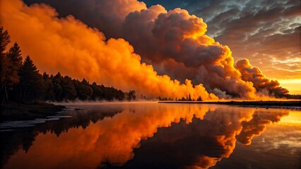 Wildfire with billowing smoke reflected in tranquil lake under dramatic sky