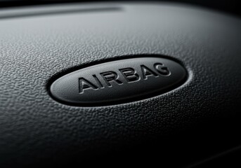A close-up of the "AIRBAG" indicator button on a car's dashboard or panel, set against a dark, textured background. It emphasizes vehicle safety features and modern automotive design.