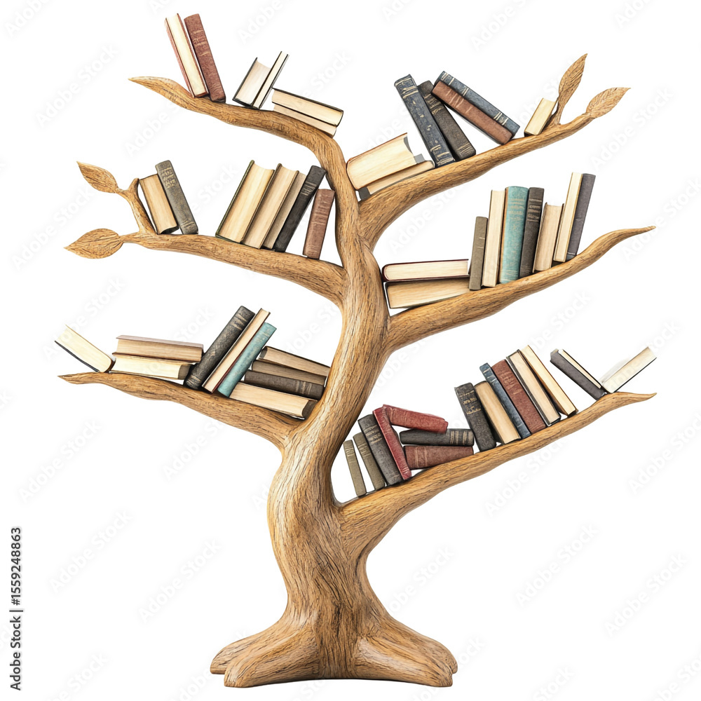 Poster wooden tree bookshelf filled with many books a unique reading nook