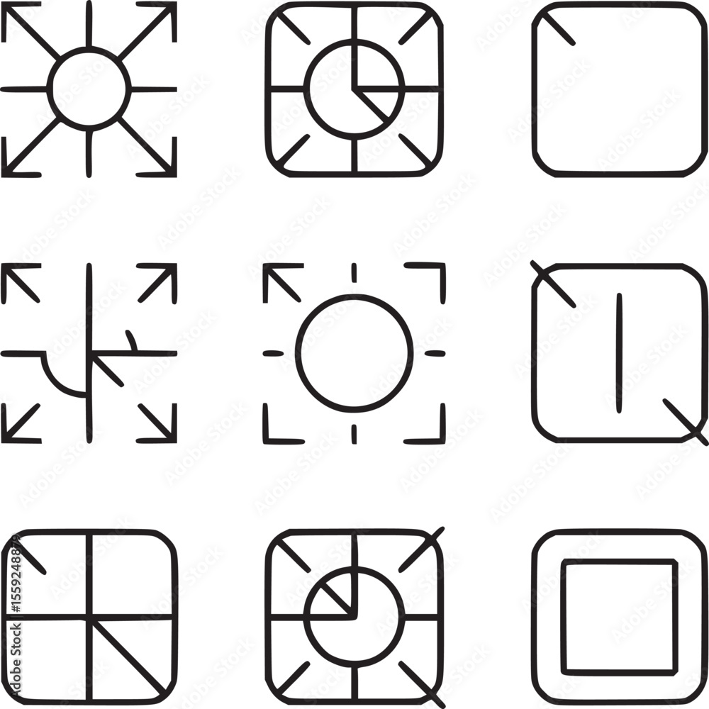 Poster nine colorful square icons arranged in a grid pattern on a light gray background graphic design