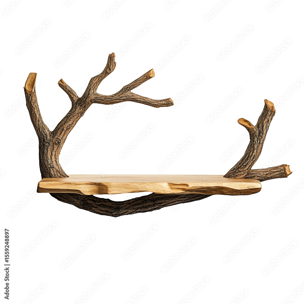 Poster rustic wooden shelf supported by tree branches a unique nature inspired design