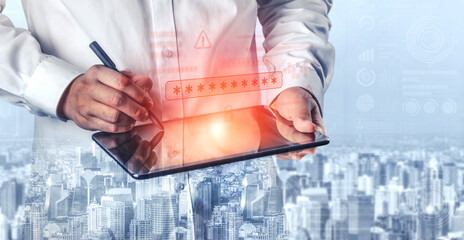 Password security breach warning with red asterisk box, cybersecurity alert, lock icons, and...