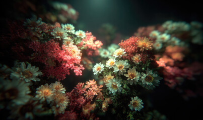 Close-up of vibrant coral colonies and small white flowers underwater, illuminated by soft light in a dark aquatic environment.