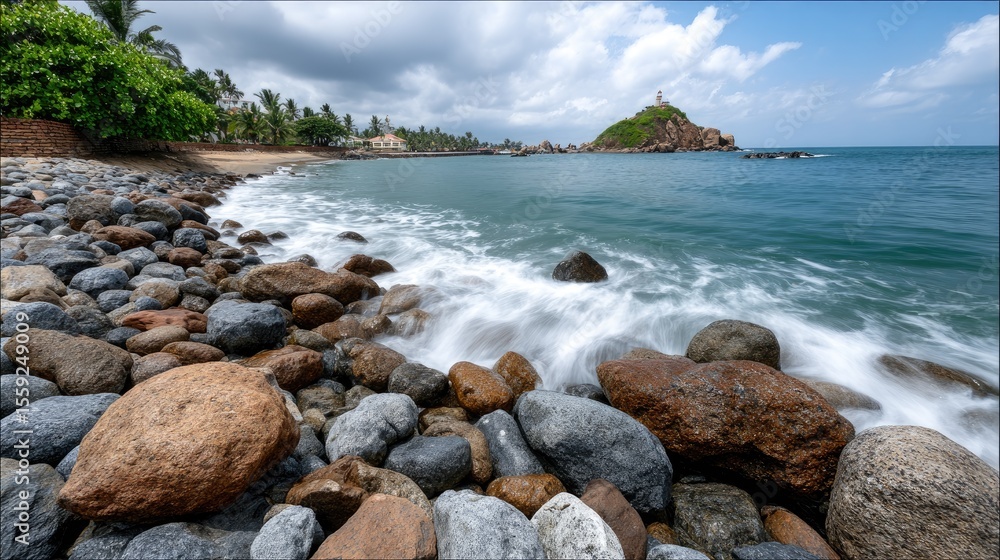 Poster a long exposure showcases a lighthouse with calm waters and rocky textures under a cloudy sky, creat