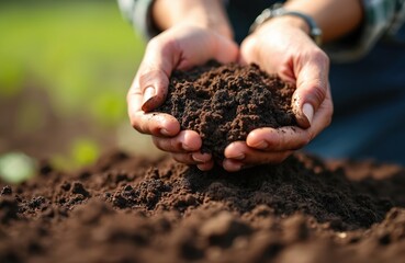 Farmer inspects soil quality before planting. Hands hold rich black soil. Agriculture, gardening concept. Healthy soil, sustainable eco-friendly farming for plant growth.