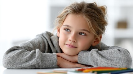 Girl in gray t-shirt sits at a desk, lost in thought while drawing in an open book surrounded by colorful stationery