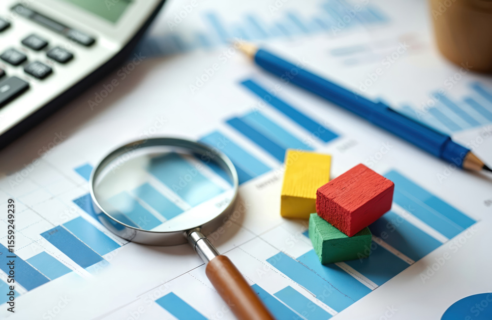Poster business finance concept. calculator pen magnifying glass on charts graphs report with data analytic
