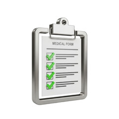 Medical form checklist on metallic clipboard with green checkmarks