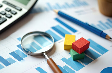 Business finance concept. Calculator pen magnifying glass on charts graphs report with data analytics, for financial planning, investment, and market analysis. Budget, profit, success.