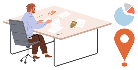 Businessman organizing papers on desk, surrounded by books, pie chart, and location marker. Ideal for themes productivity, planning, data analysis, strategy, workflow decision-making simple flat