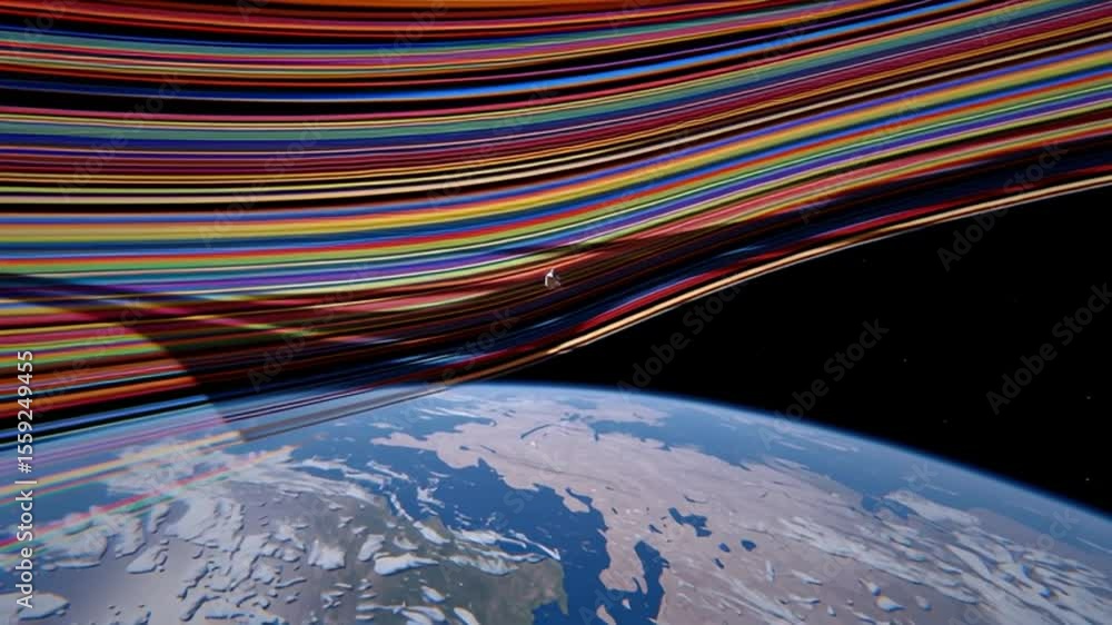 Poster astronaut floating through vibrant space ribbon patterns above earth generative ai