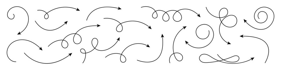 Curved Arrows and Twisted Hand Drawn Arrows. Collection of Doodle Arrows.