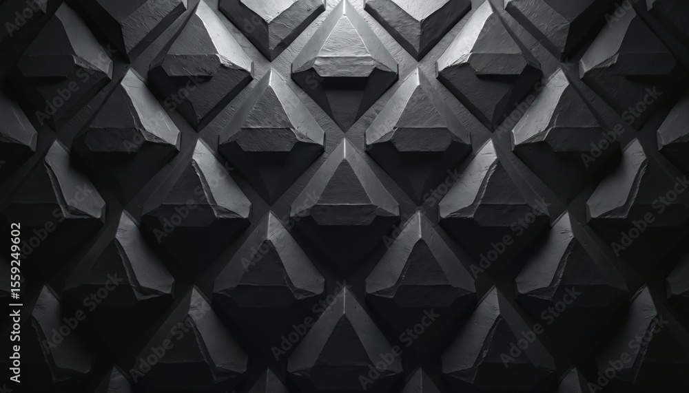 Aufkleber Futuristic 3D render of dark abstract wall structure. Triangular block pattern with geometric shapes. High tech digital design for tech, modern science, contemporary wallpapers.