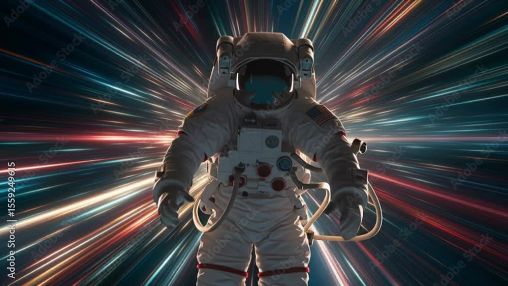 Poster astronaut traveling through a colorful space tunnel at high speed generative ai