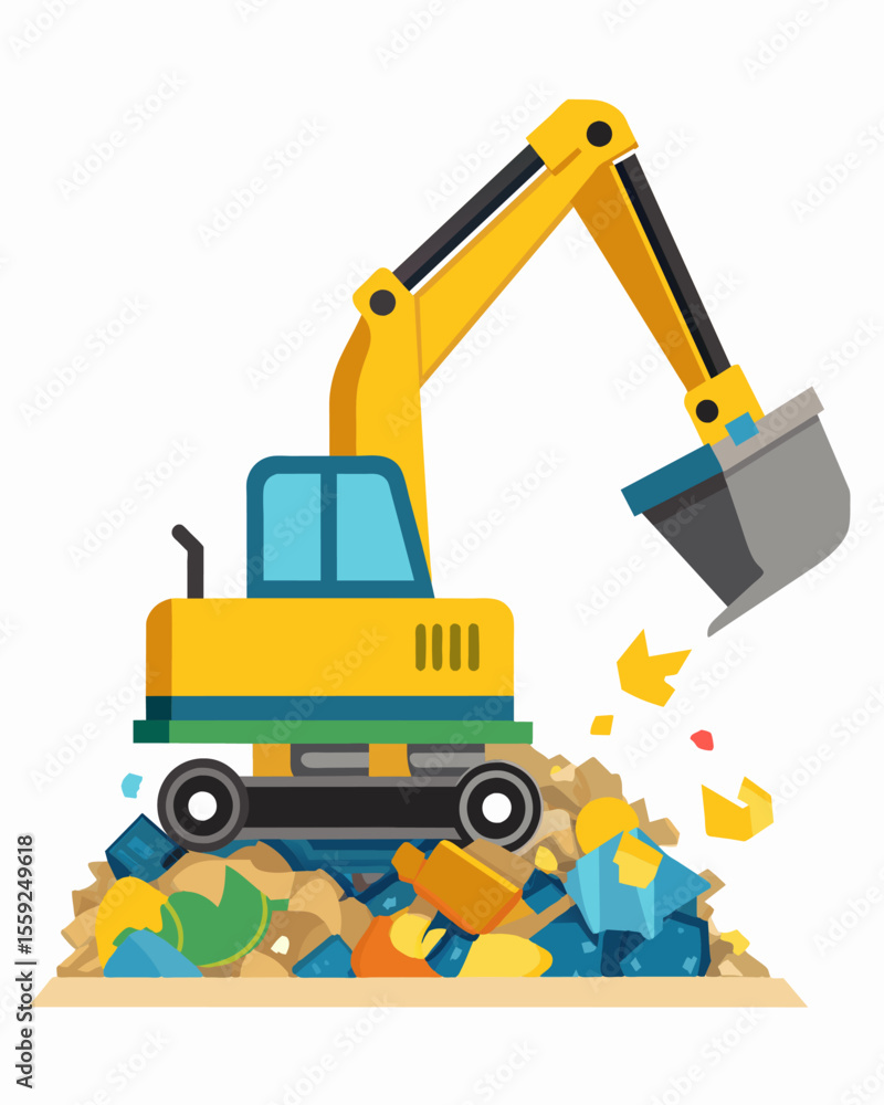 Poster a compact excavator delicately sifts through layers of trash searching for recyclable materials to b