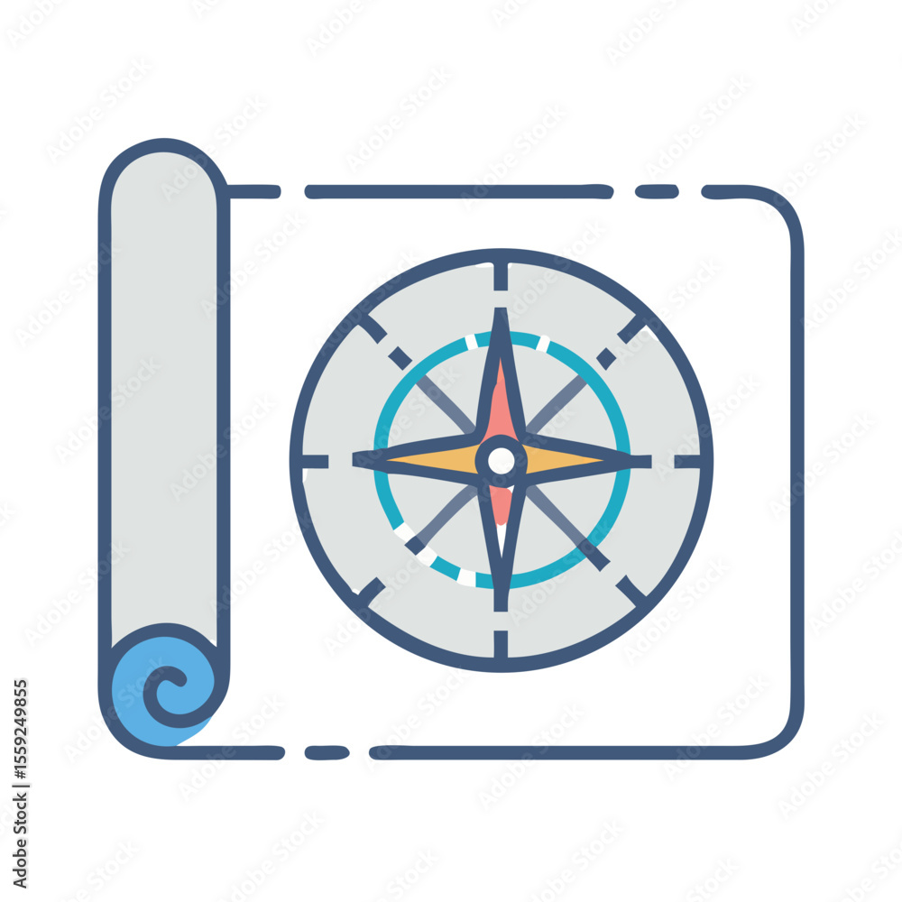 Poster nautical chart with compass icon in vector style for navigation