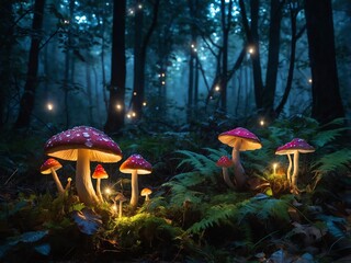 Enchanted forest with glowing mushrooms, sparkling lights, and misty atmosphere, ultra-realistic