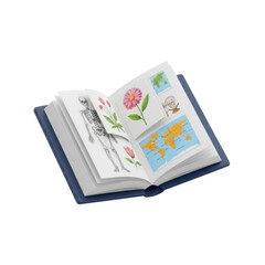 Open book with human anatomy, floral illustrations, and world maps