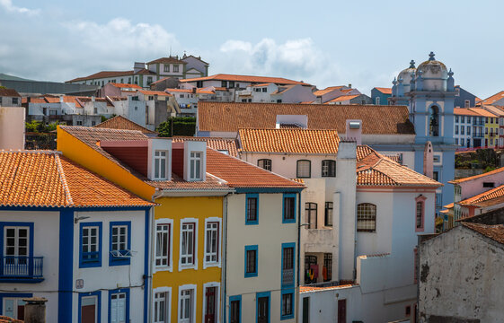 Exposure of Angra do Heroismo Old and New brightly coloured houses, near the city beach and marina, located in the old part of the city. Azores, Portugal