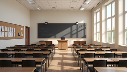 Fototapeta premium Empty classroom with rows of desks chairs and a blackboard with writing