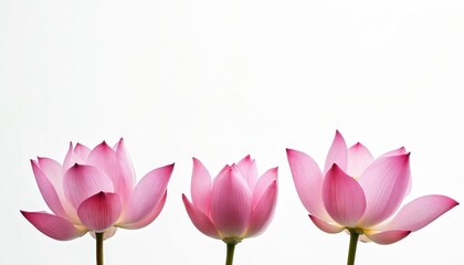 Three pink lotus flowers against white backdrop. Delicate petals bloom showing purity serene vibe. Floral design, asian spa zen, yoga meditation, health wellness concept.