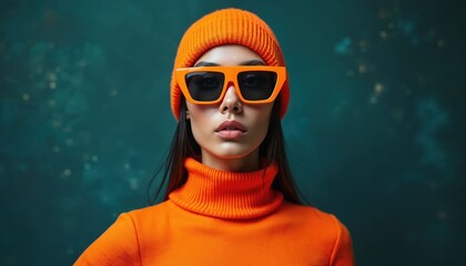 Young woman wears orange turtleneck sweater, hat with geometric sunglasses on dark background. Model wears bright outfit. Bold urban style, fashion statement with stylish accessories. Portrait